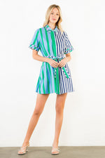 Load image into Gallery viewer, Short Sleeve Collared Striped Dress in Green
