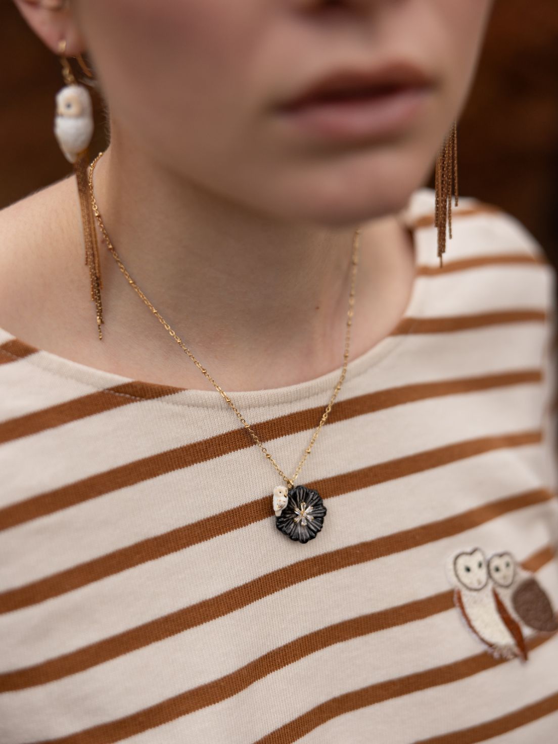 White Owl on Black Aster Flower Necklace