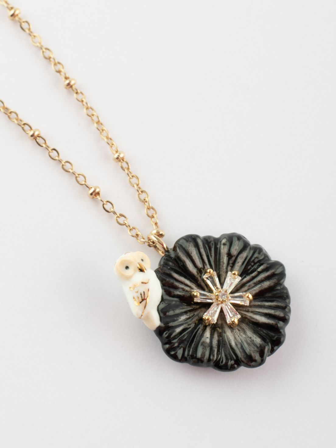 White Owl on Black Aster Flower Necklace