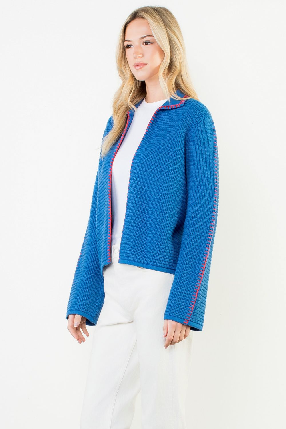 Contrast Blanket Stitch Cardigan in Blue/Red