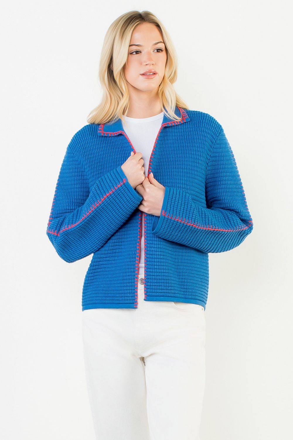Contrast Blanket Stitch Cardigan in Blue/Red