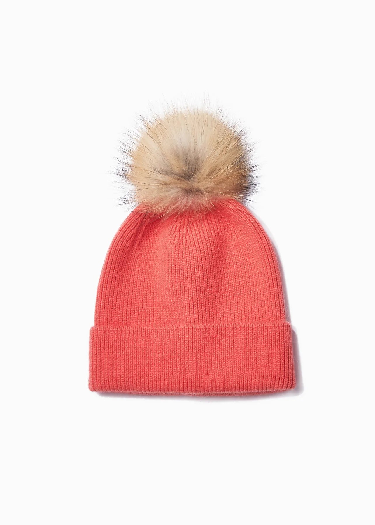 Knit Pom Pom Beanie in Coral