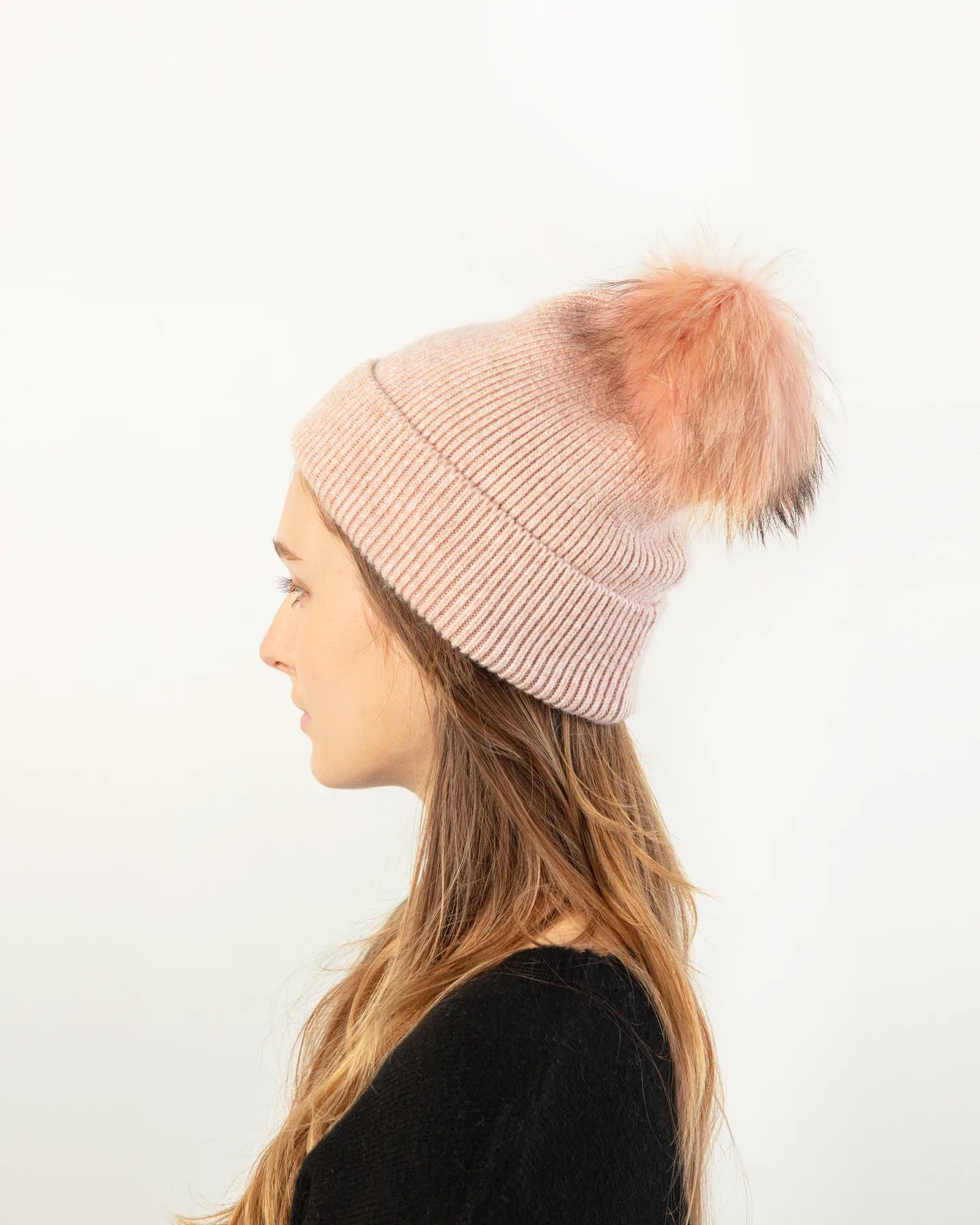 Knit Pom Pom Beanie in Coral