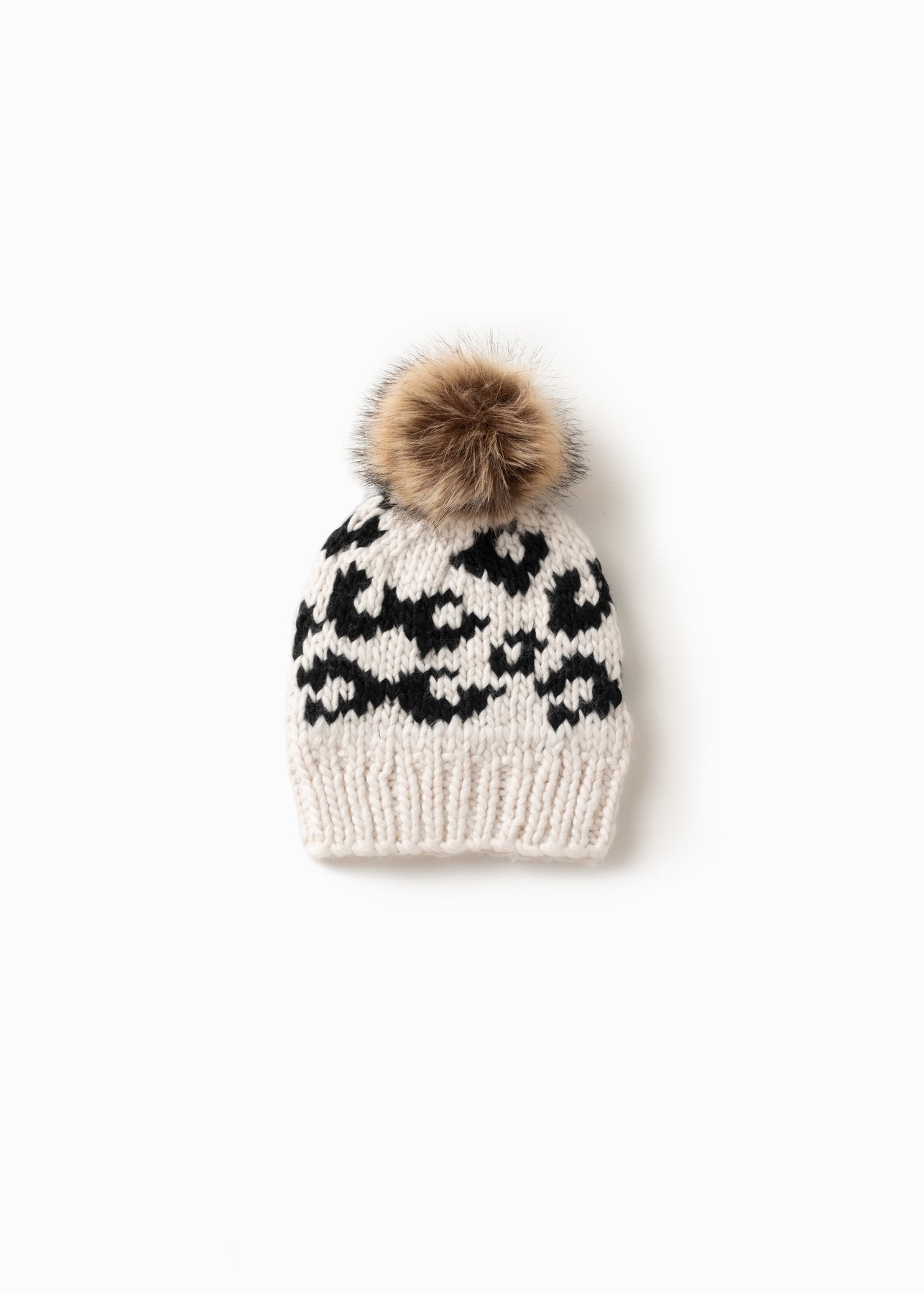 Mango Yarn Leopard Pom Pom Hat in Ivory